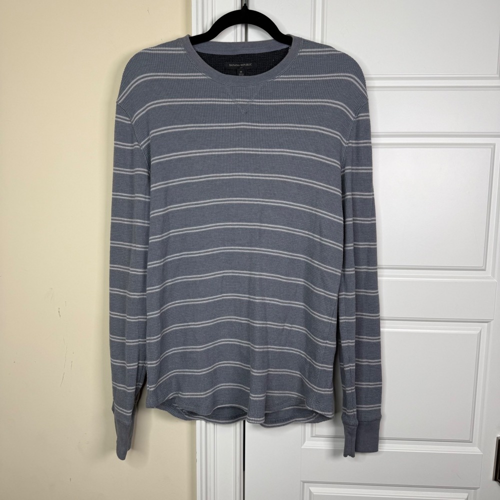 Banana Republic Mens Grey Striped Waffle Knit Thermal Long Sleeve Shirt Medium